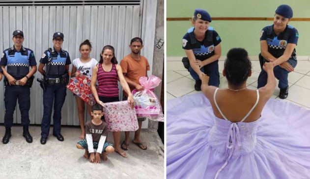 À esquerda, guardas municipais com família (pai, mãe, filho e filha) segurando presentes; à direita, duas guardas municipais dão a mão para debutante que está de costas