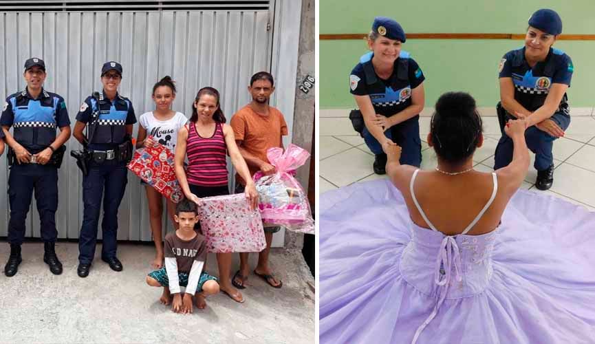 À esquerda, guardas municipais com família (pai, mãe, filho e filha) segurando presentes; à direita, duas guardas municipais dão a mão para debutante que está de costas