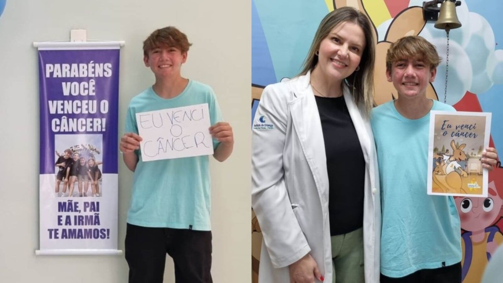 Menino celebra cura do câncer com sino da vitória no Grendacc de Jundiaí