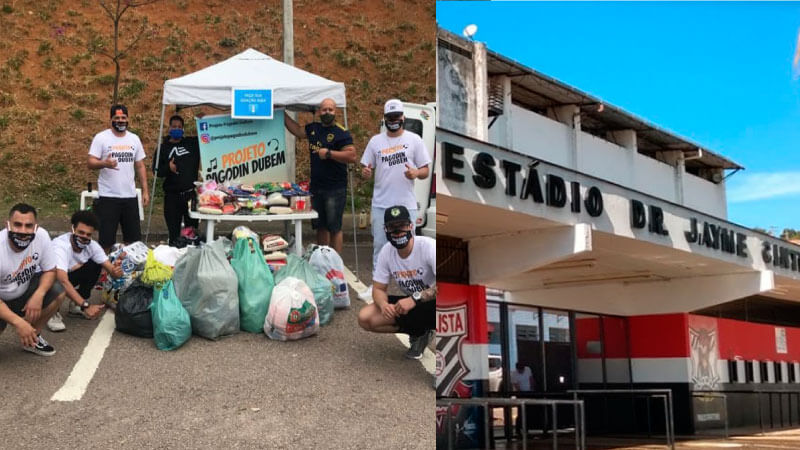 Grupo Pagodin DuBem em ação similar e foto da fachada do estádio Jayme Cintra