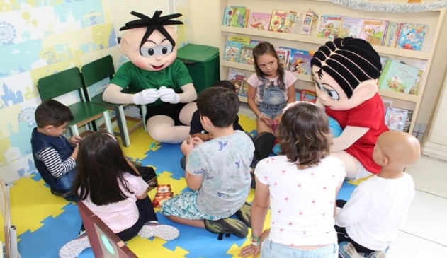 Mônica e Cebolinha da Turma da Mônica sentados em roda de crianças com câncer