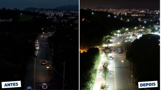 Avenida Caetano Gornati antes e depois da instalação da nova iluminação; investimento também visa segurança dos moradores (Foto: Prefeitura de Jundiaí)