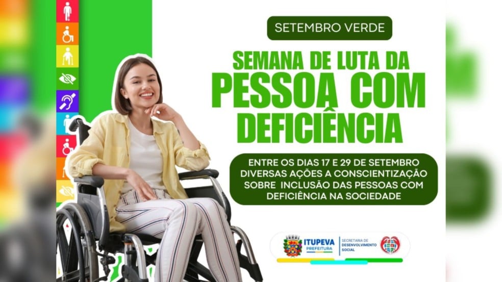 Banner do Setembro Verde em Itupeva com jovem cadeirante sorridente e texto: “Semana de Luta da Pessoa com Deficiência – 17 a 29 de setembro com ações de conscientização sobre inclusão”.