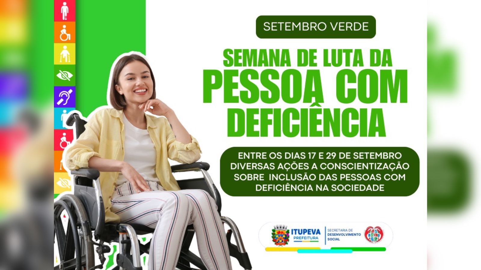 Banner do Setembro Verde em Itupeva com jovem cadeirante sorridente e texto: “Semana de Luta da Pessoa com Deficiência – 17 a 29 de setembro com ações de conscientização sobre inclusão”.