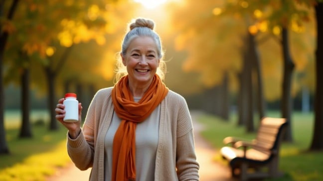 Mulher idosa com medicamento nas mãos