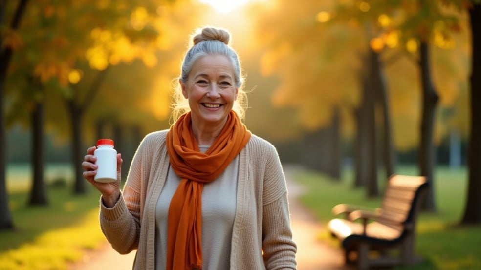Mulher idosa com medicamento nas mãos
