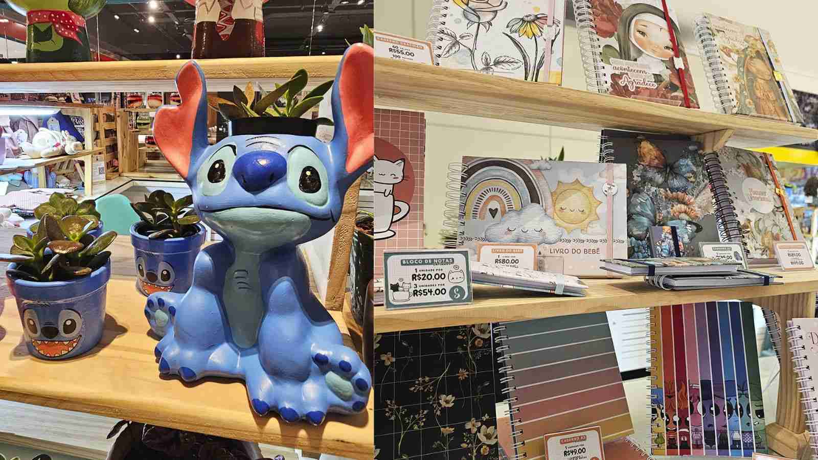 À esquerda, vasos de personagens; à direita papelaria.