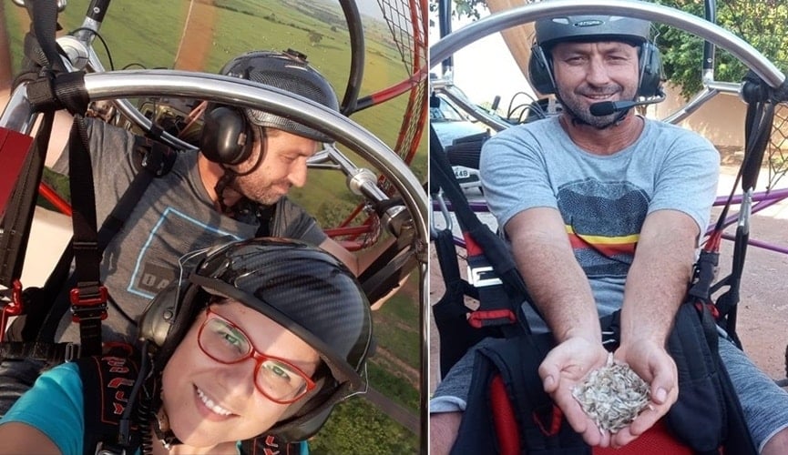 Instrutor de paramotor lança semente de ipês durante voos no interior de SP
