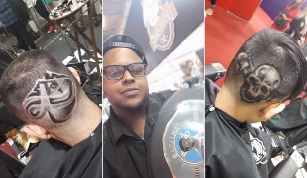 Foto de corte de cabelo masculino, à esquerda; foto de homem com cinturão, ao centro; foto de corte de cabelo masculino, à direita