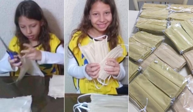 Menina fazendo máscaras de proteção