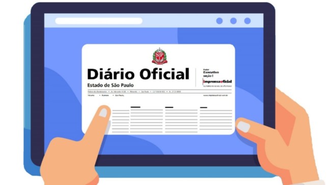 Arte de pessoa segurando tablet com site do Governo de SP