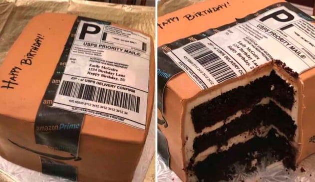 Marido dá bolo em formato de pacote de entrega à esposa que compra muito online