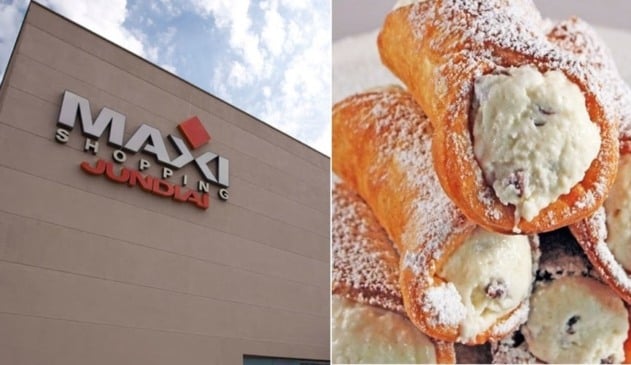 Logotipo do Maxi Shopping Jundiaí, à esquerda; foto de cannolis, à direita