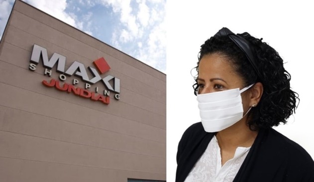 Foto de shopping, à esquerda; foto de mulher de máscara, à direita