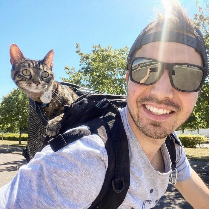 Homem e gato em bicicleta
