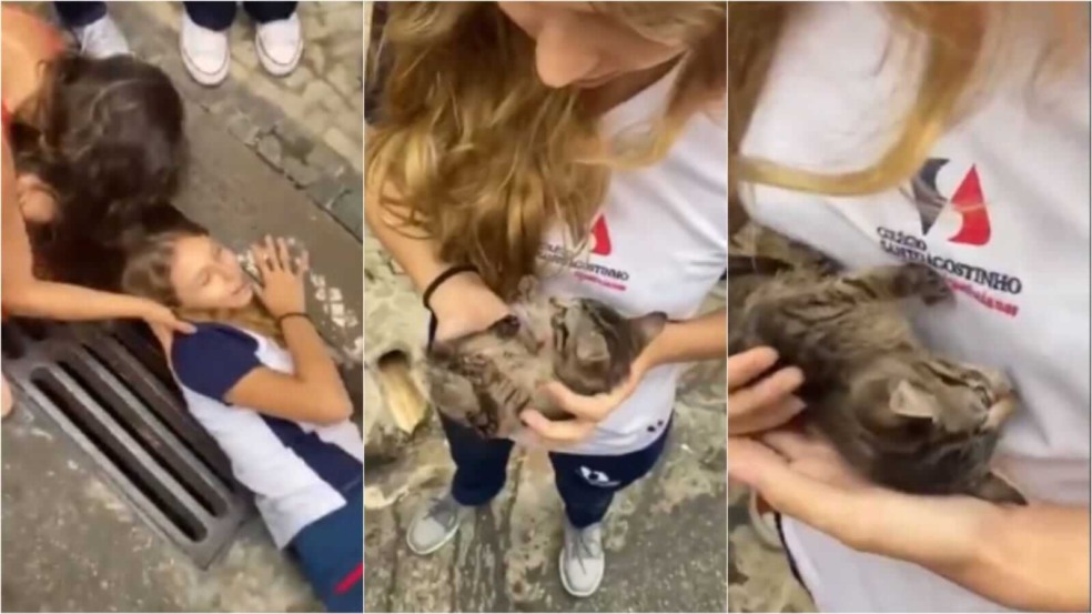 Menina resgatando gato de bueiro