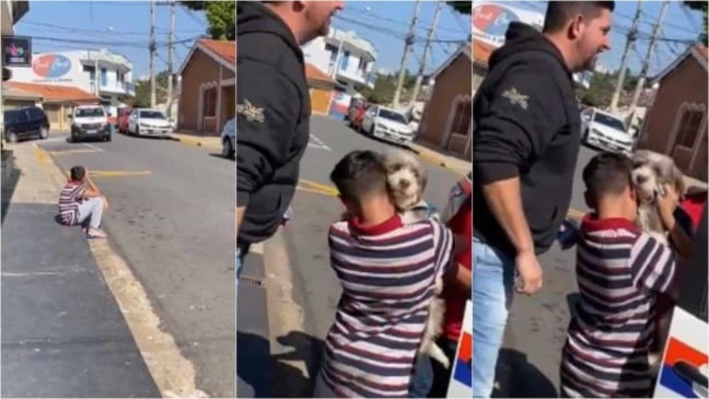 Menino abraçando cachorro