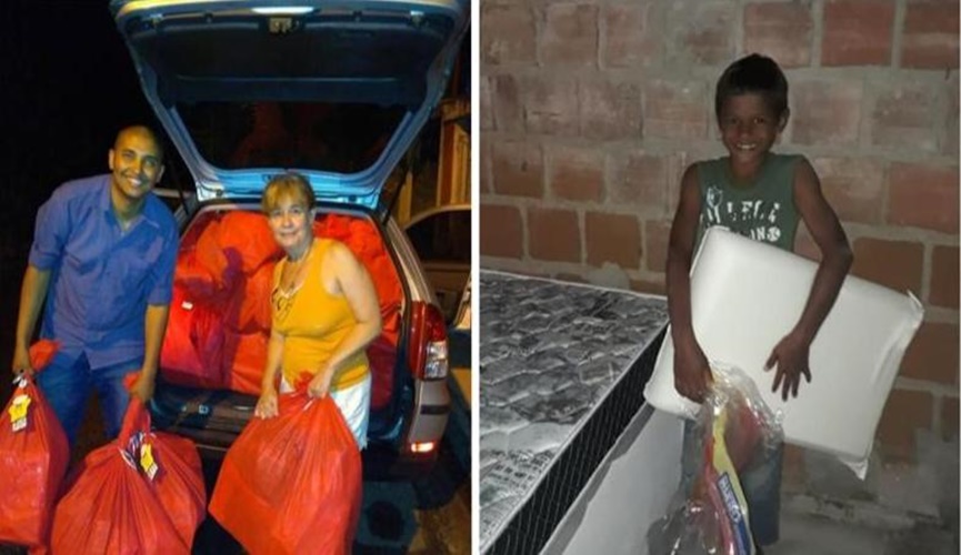 À esquerda, Rosemeire fazendo suas entregas; à direita, criança recebe um travesseiro