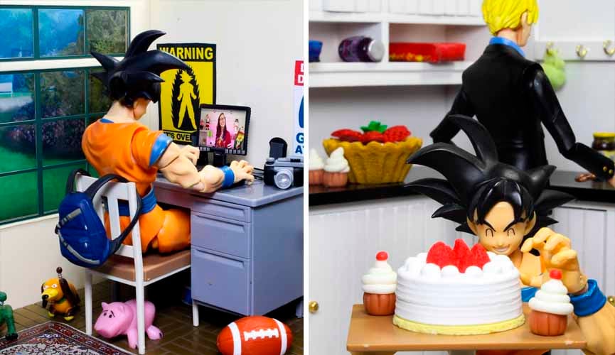 À esquerda, brinquedo do Goku mexendo em computador enquanto assiste vídeo. À direita, brinquedo do Tofu em cenário de cozinha enfeitando um bolo