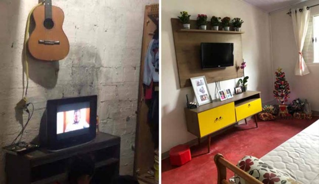 Imagem mostra antes e depois de sala reformada: na primeira imagem, sala tem parede sem reboco, com um movel e uma tv simples. Na outra, paredes ganha rebocos, com um novo móvel para a televisão, colorido e com plantas acima. na ponta da foto, um sofá e, ao canto, uma árvore de natal