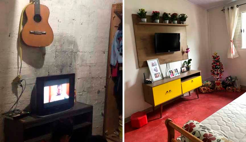 Imagem mostra antes e depois de sala reformada: na primeira imagem, sala tem parede sem reboco, com um movel e uma tv simples. Na outra, paredes ganha rebocos, com um novo móvel para a televisão, colorido e com plantas acima. na ponta da foto, um sofá e, ao canto, uma árvore de natal