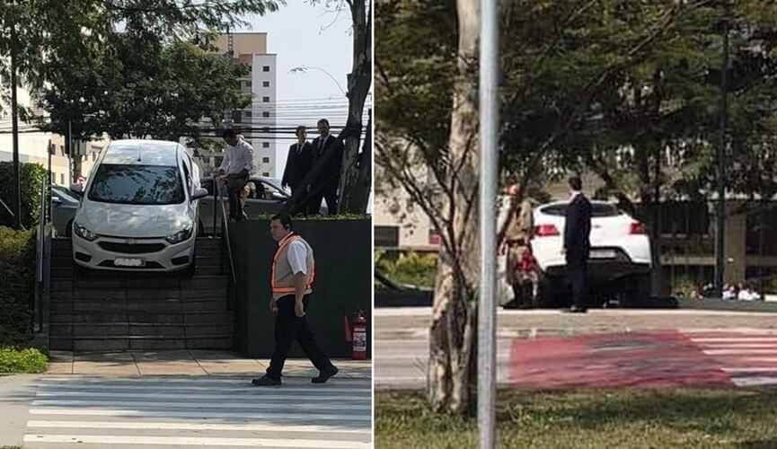 Motorista erra entrada de shopping e desce com carro em escadaria