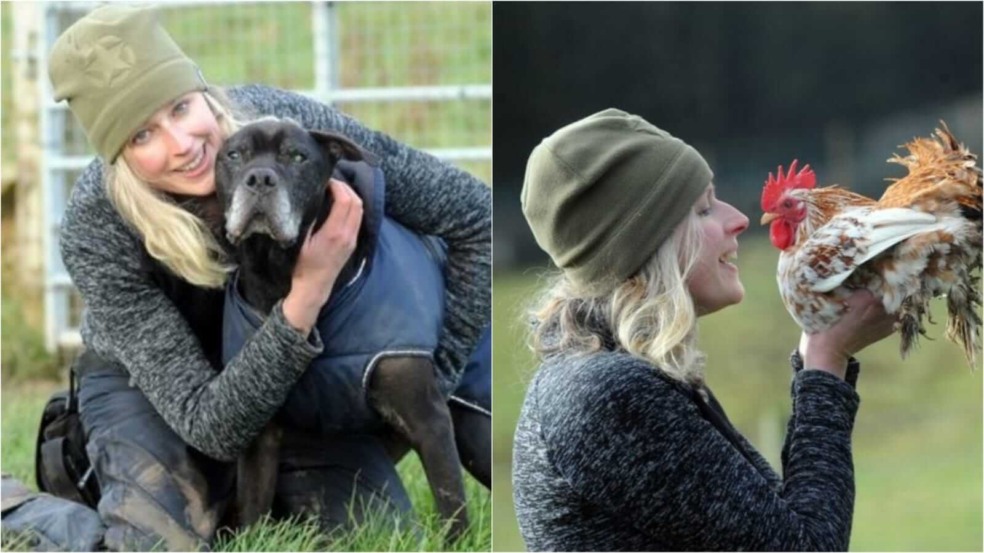 Mulher com cachorro e galinha
