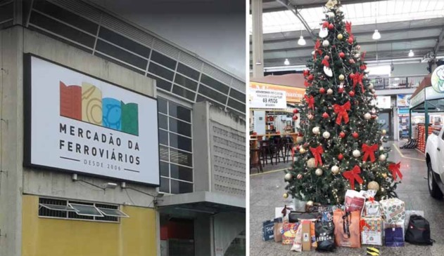 À esquerda, fachada do mercadão da ferroviários; à direita, árvore de natal com presentes abaixo