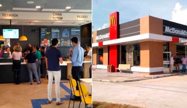 À esquerda, pessoas aguardam na fila de mcdonald's. à direita, fachada da nova unidade de jundiaí