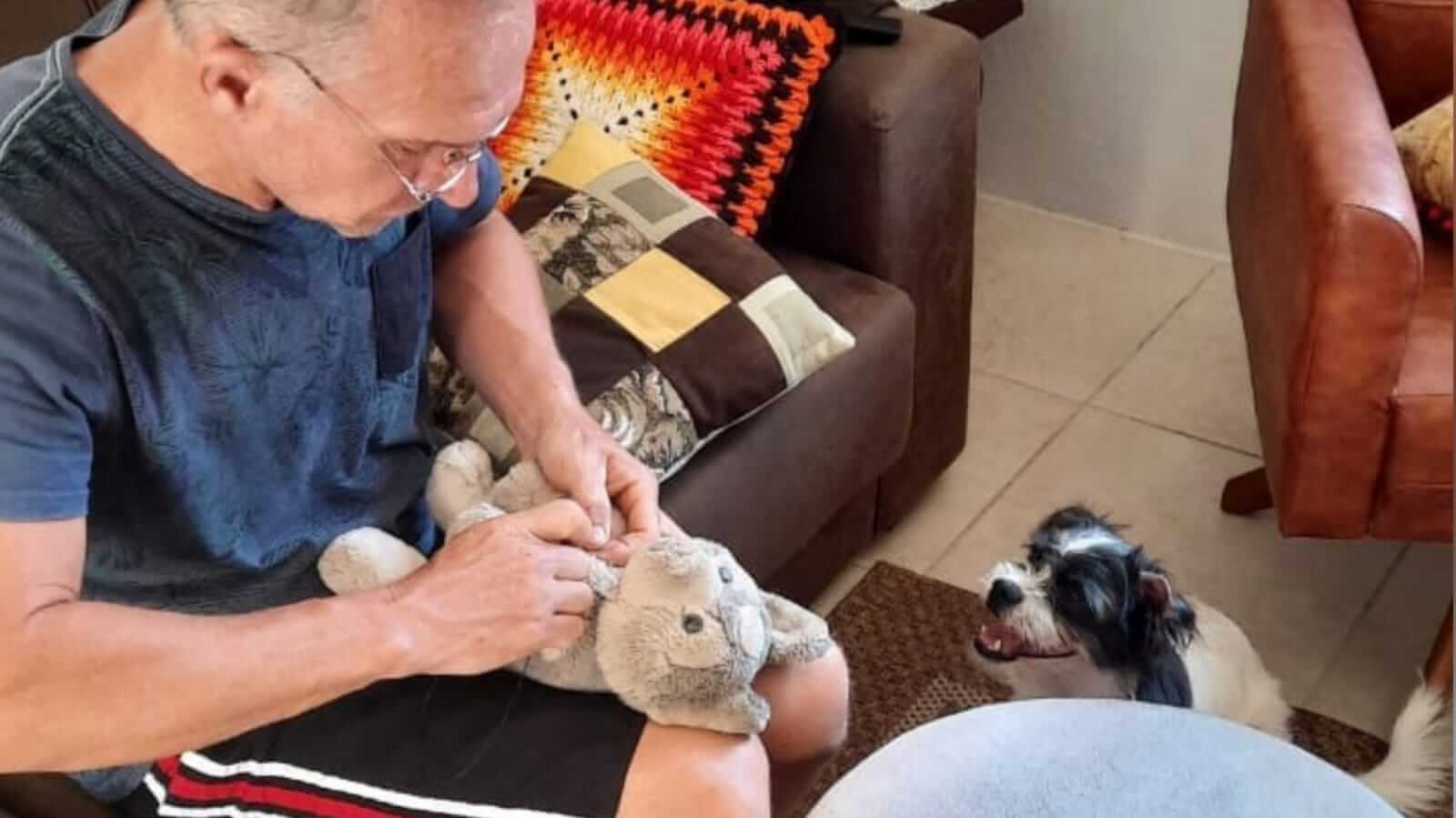 Cachorro observando idoso costurando urso de pelúcia