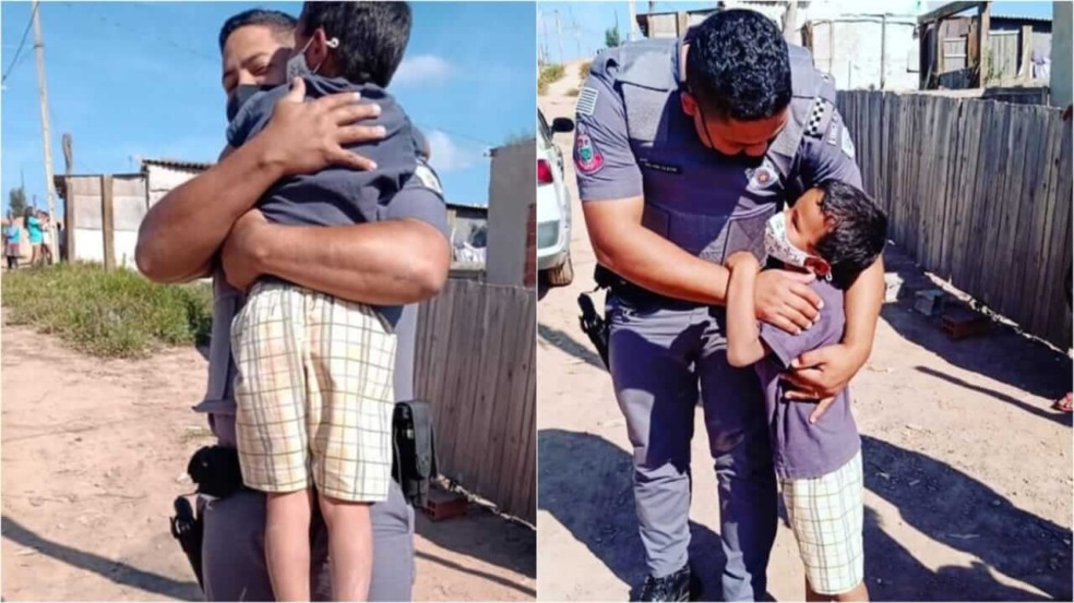 Menino abraçando soldado da Polícia Militar em Campo Limpo Paulista