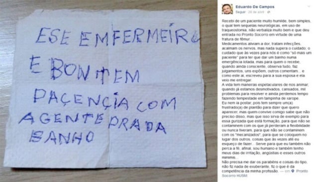 Paciente de 84 anos comove internautas com bilhete de agradecimento para enfermeiro