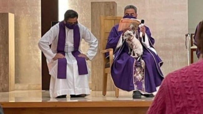 Padre em missa com cachorro no colo