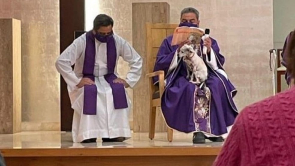 Padre em missa com cachorro no colo