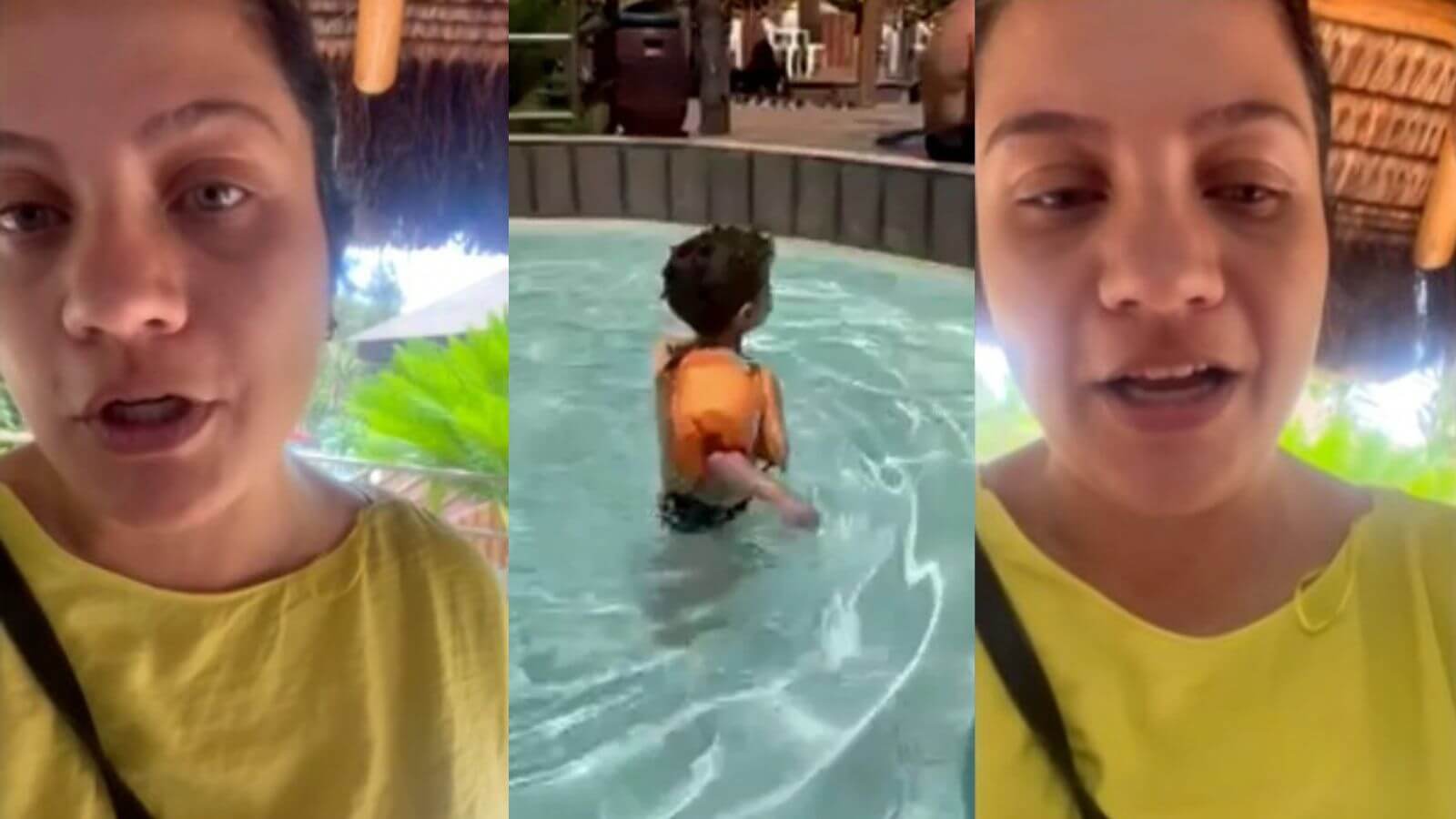 Criança em piscina e mulher