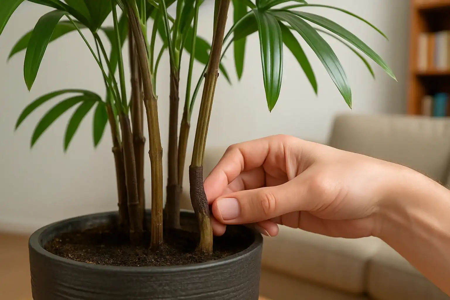 Palmeira-ráfia amolecida sinais de excesso de umidade