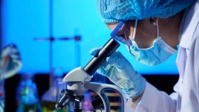 Mulher usando microscopio