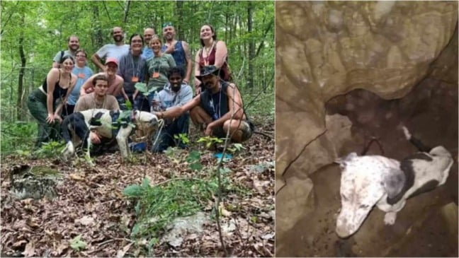 Grupo de exploradores com cachorro encontrado em caverna
