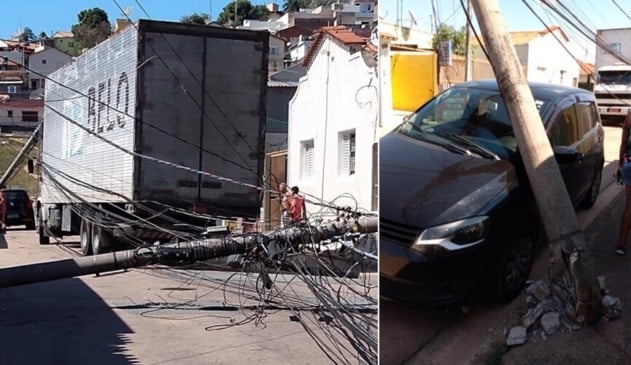 Caminhão faz ‘strike’ e derruba 4 poste de uma vez na Ponte São João