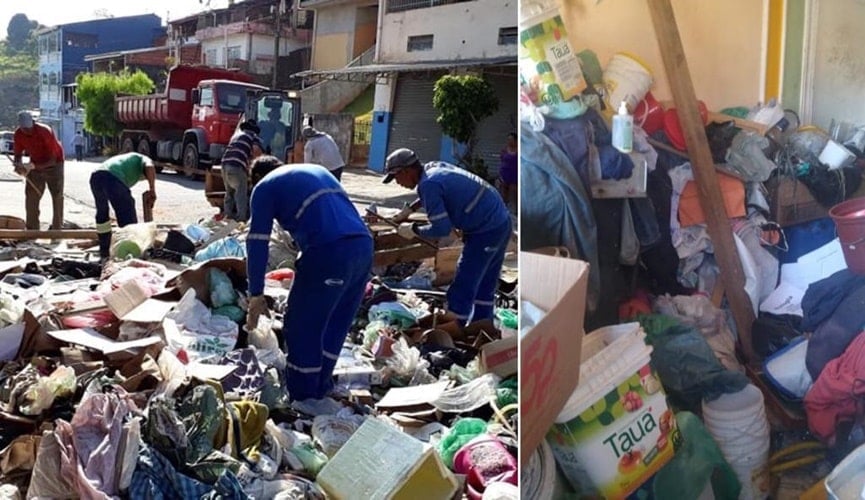 População retira lixo da casa de ‘acumulador’ em Várzea Paulista