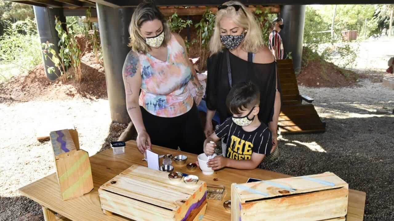 Família brinca em estrutura de madeira