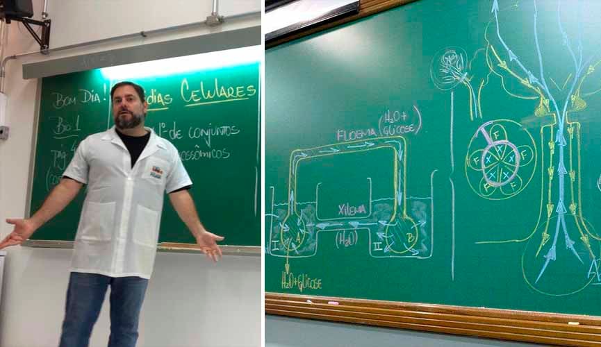 À esquerda, professor em frente de lousa em sala de aula, usando jaleco branco e com os braços levemente abertos enquanto fala; à direita, lousa com desenhos explicando matérias de biologia: os desenhos são coloridos e elaborados