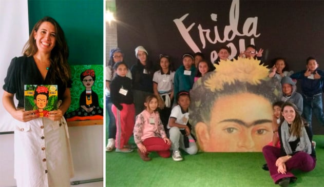 professora com alunos em mostra da frida kahlo