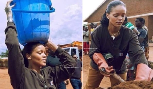 Rihanna busca água sobre cabeça