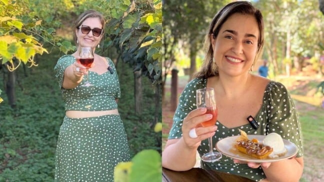 Mulher segurando taça de vinho | Mulher segurando prato com doces