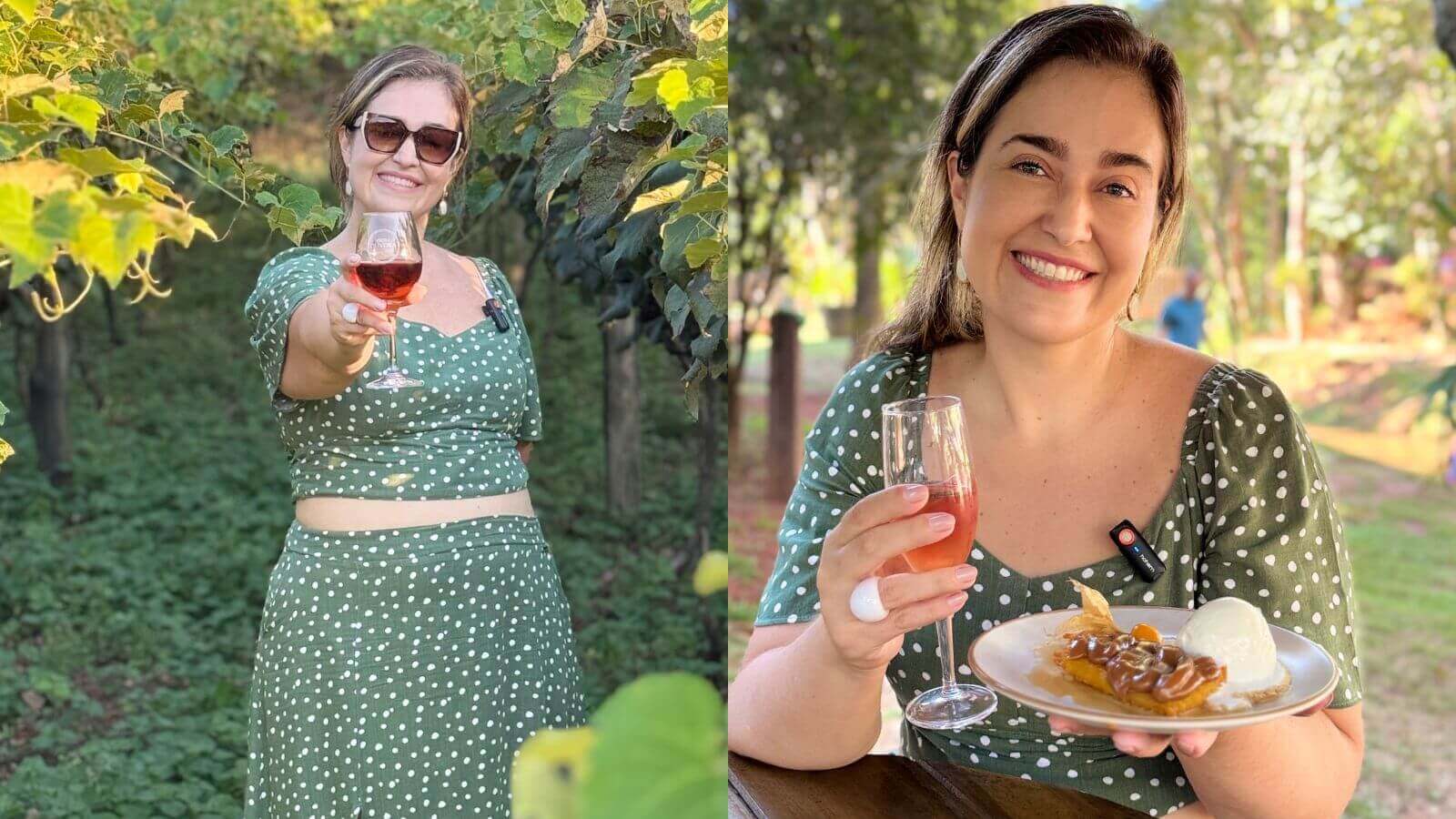 Mulher segurando taça de vinho | Mulher segurando prato com doces