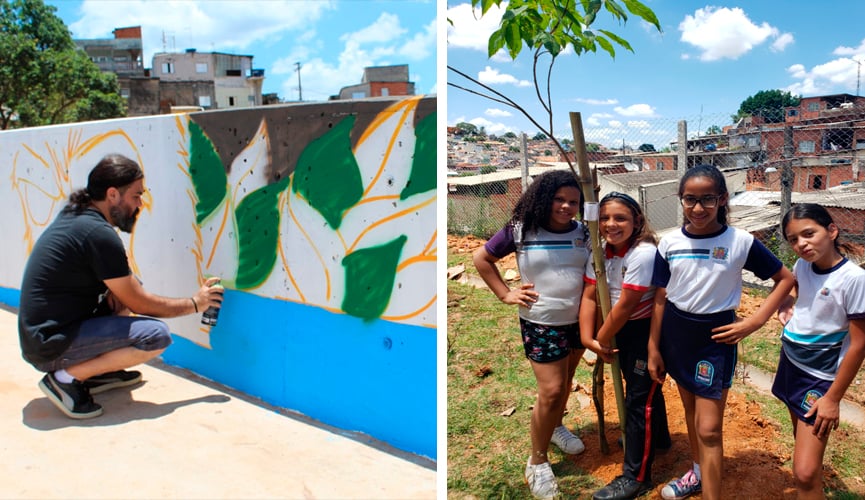 À esquerda, grafiteiro do Coletivo The King´s participa da ação, ajoelhado e pintando muro com spray; à direita, quatro alunas crianças aparecem ao lado de árvore plantada, sorridentes. Uma delas aparece abraçando a árvore recém plantada