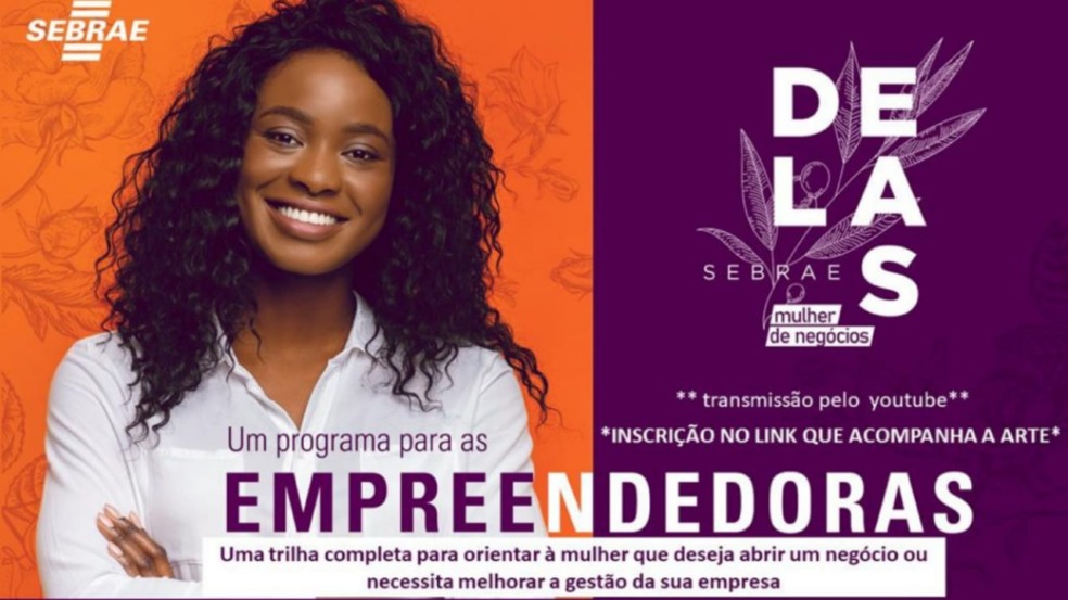 Mulher com braços cruzados ao lado de arte de divulgação de cursos do Sebrae