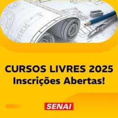 Imagem promocional do SENAI Jundiaí anunciando inscrições abertas para cursos livres 2025, com fundo amarelo e materiais técnicos de engenharia.