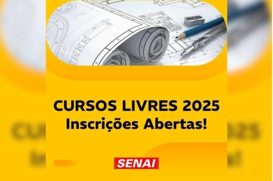 Imagem promocional do SENAI Jundiaí anunciando inscrições abertas para cursos livres 2025, com fundo amarelo e materiais técnicos de engenharia. Imagem promocional do SENAI Jundiaí anunciando inscrições abertas para cursos livres 2025, com fundo amarelo e materiais técnicos de engenharia.